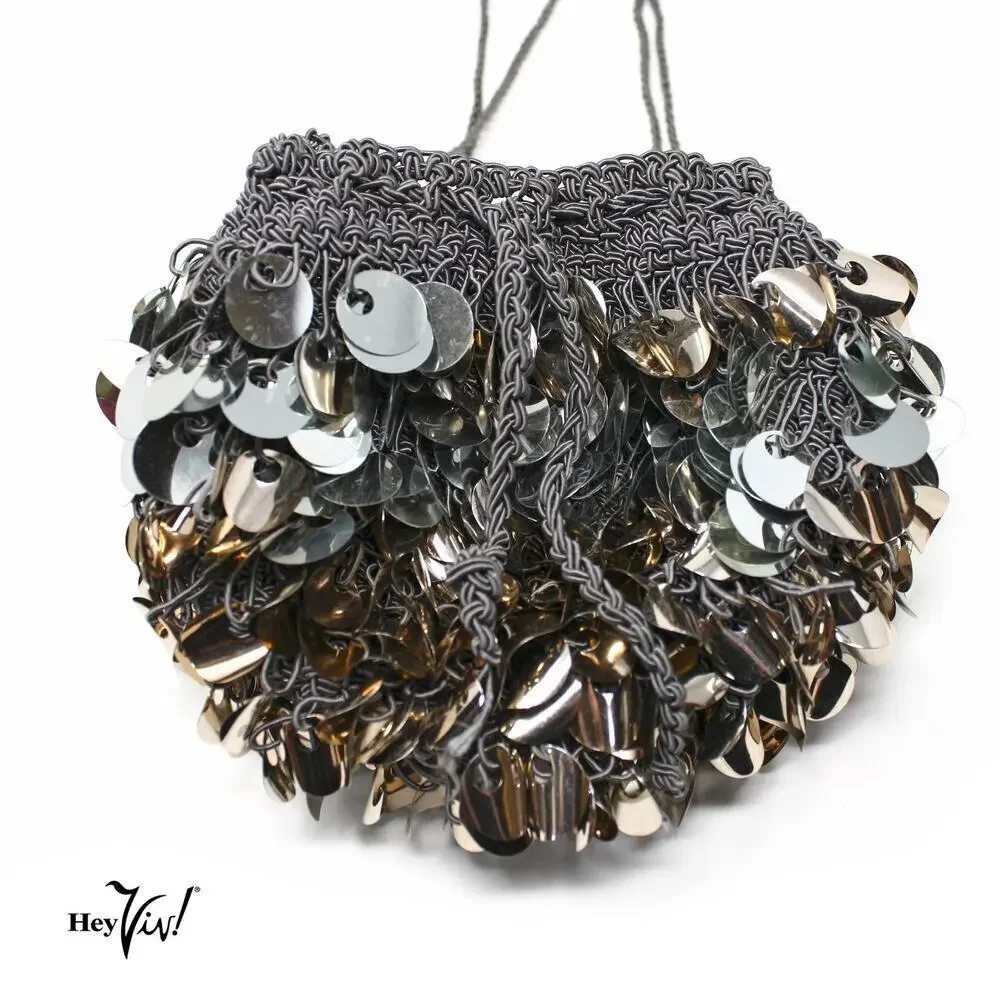 Vintage Evening Purse Gold and Silver Paillettes Crochet Drawstring Bag -Hey Viv